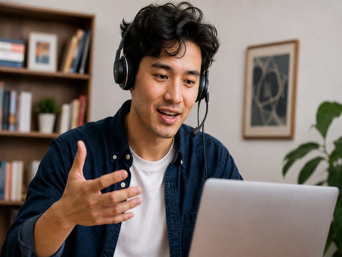 A student wearing a headset speaks aloud while practising in front of a laptop.